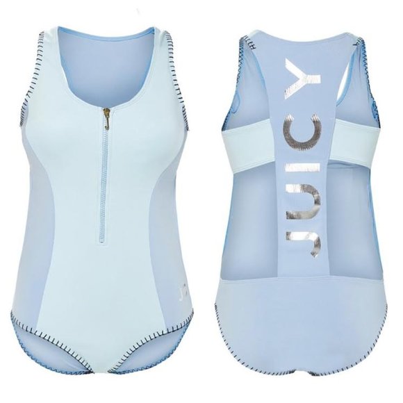 NWT JUICY COUTURE Light Blue LOGO  'Juicy' Zip-Front One-Piece Sporty Swimsuit - Picture 2 of 14